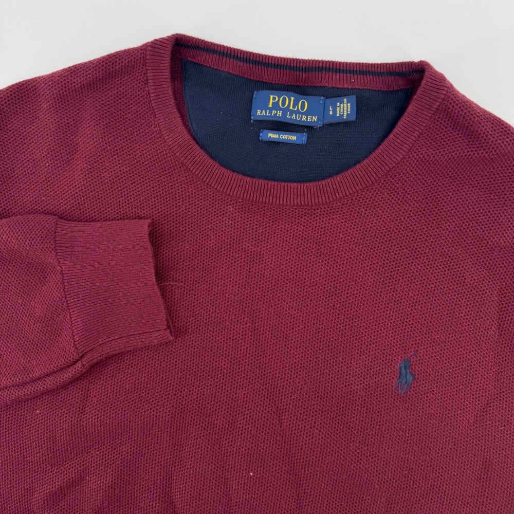 Polo Ralph Lauren Sweater Mens Large Burgundy Pima Cotton Textured Crewneck Logo